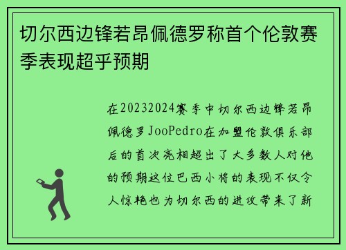 切尔西边锋若昂佩德罗称首个伦敦赛季表现超乎预期