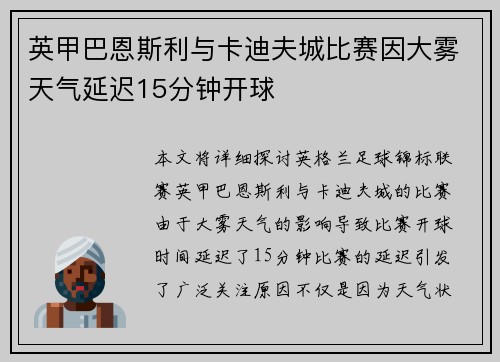 英甲巴恩斯利与卡迪夫城比赛因大雾天气延迟15分钟开球